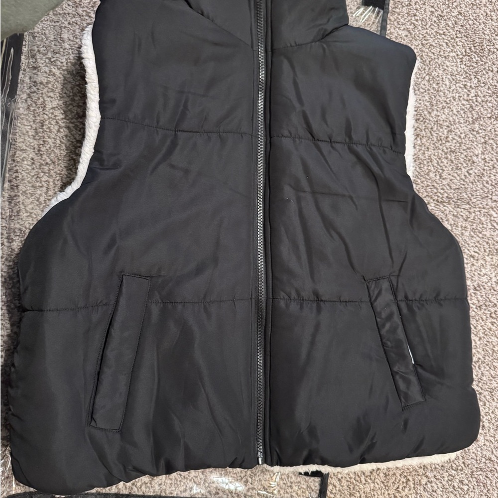 Black Puffer Vest with White Fleece Lining